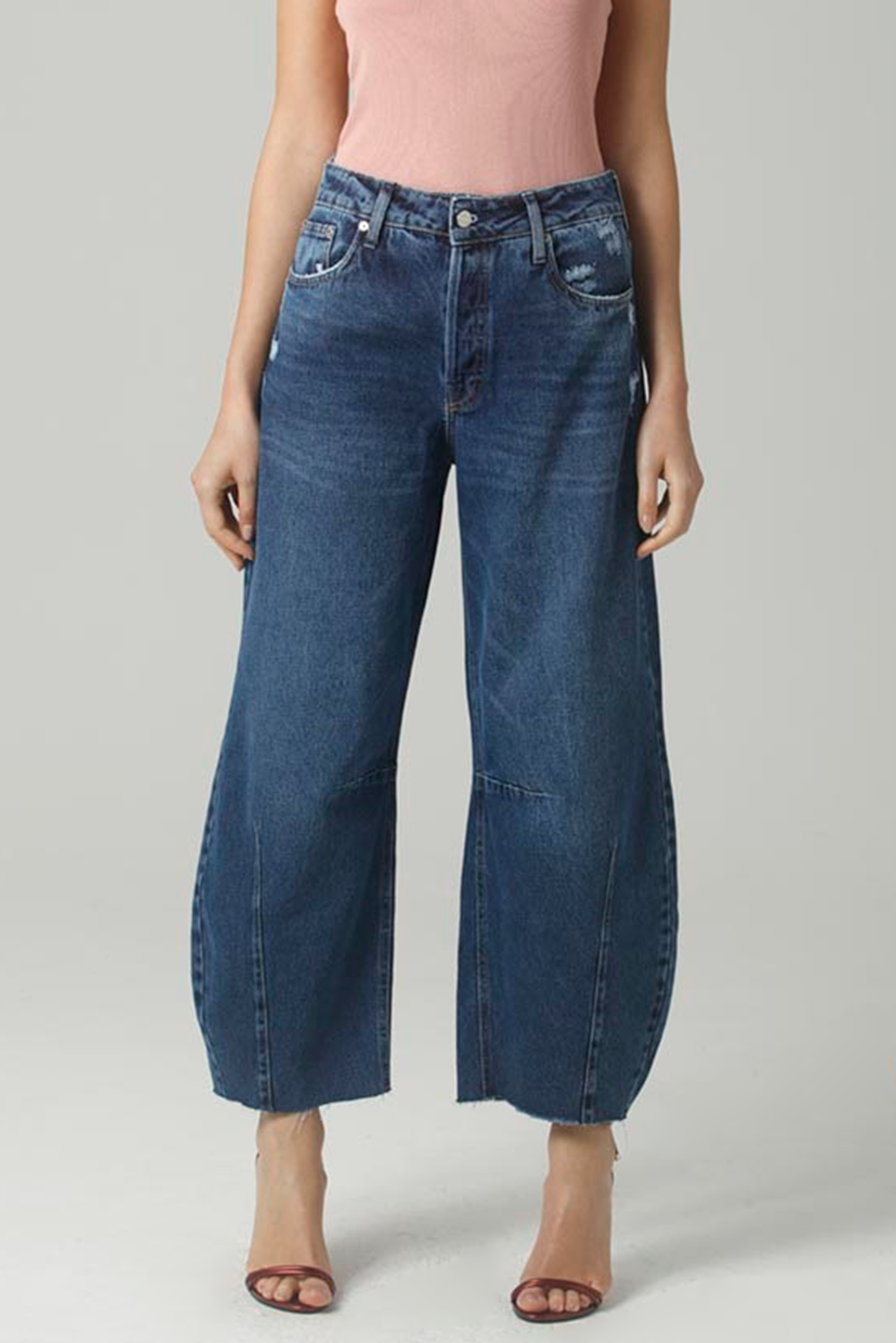 Calça Barrel Jeans Escuro Puídos