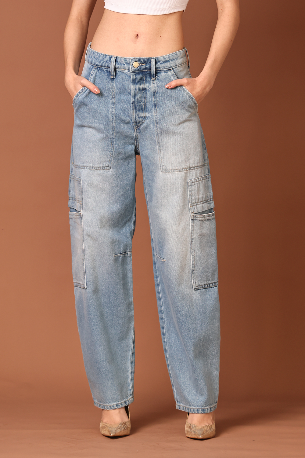 Calça Barrel Cargo Jeans Claro