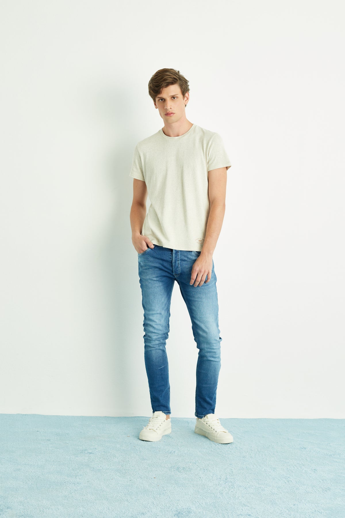 Calça Slim Masculina Jeans Médio Estonado