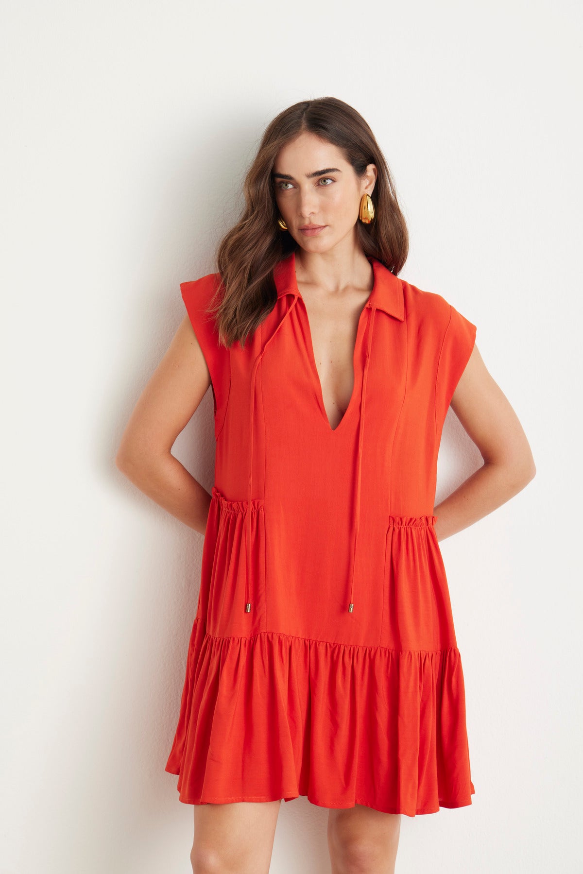 Vestido Curto Babados Viscose Laranja