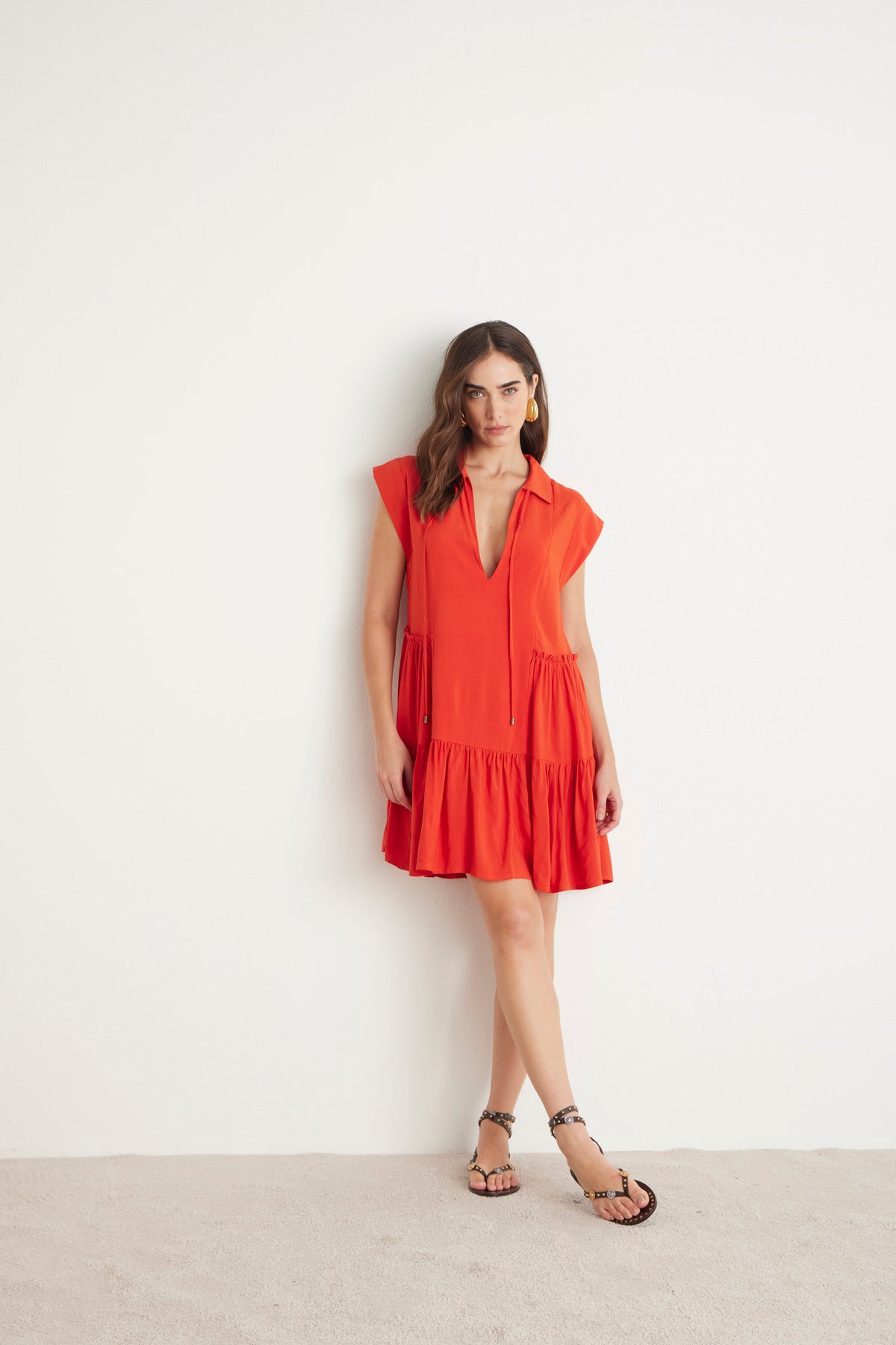 Vestido Curto Babados Viscose Laranja