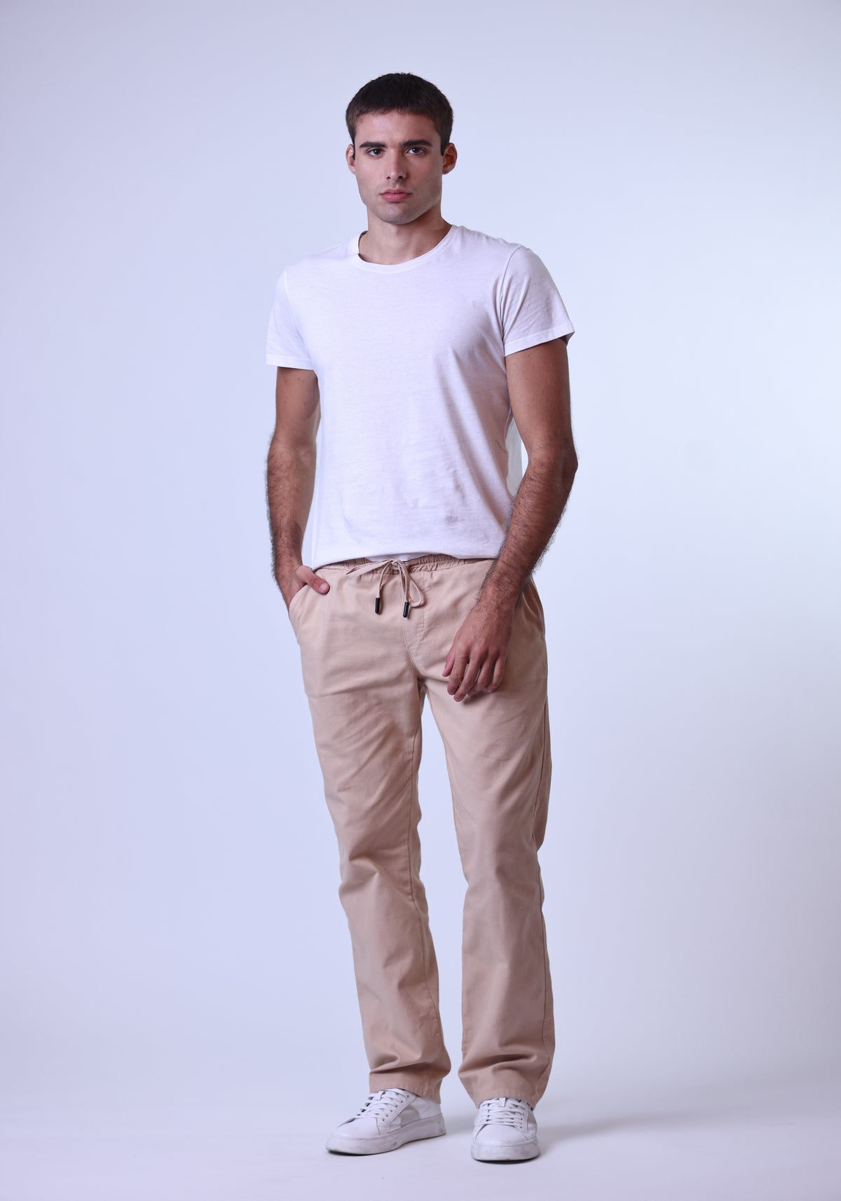 Calça Straight Elástico Masc Areia