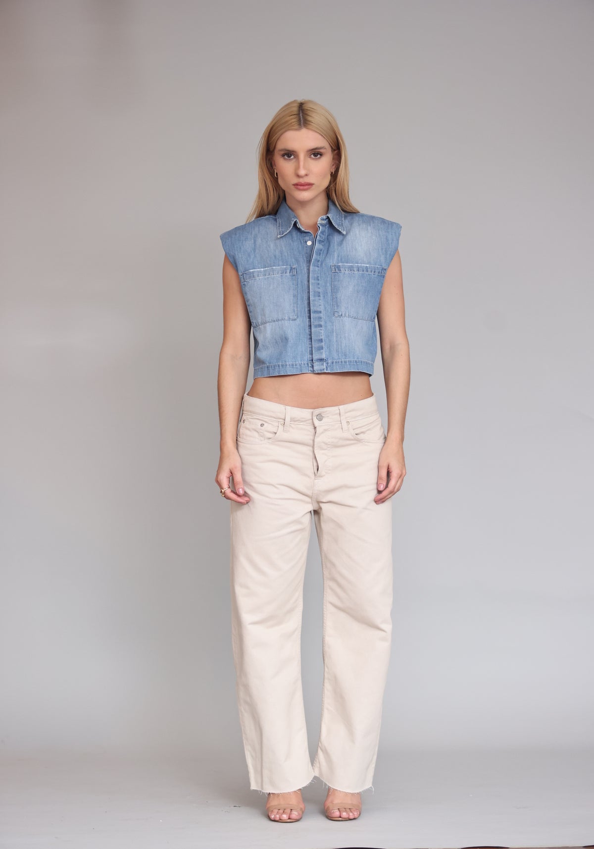 Camisa Cropped Ombreira Jeans