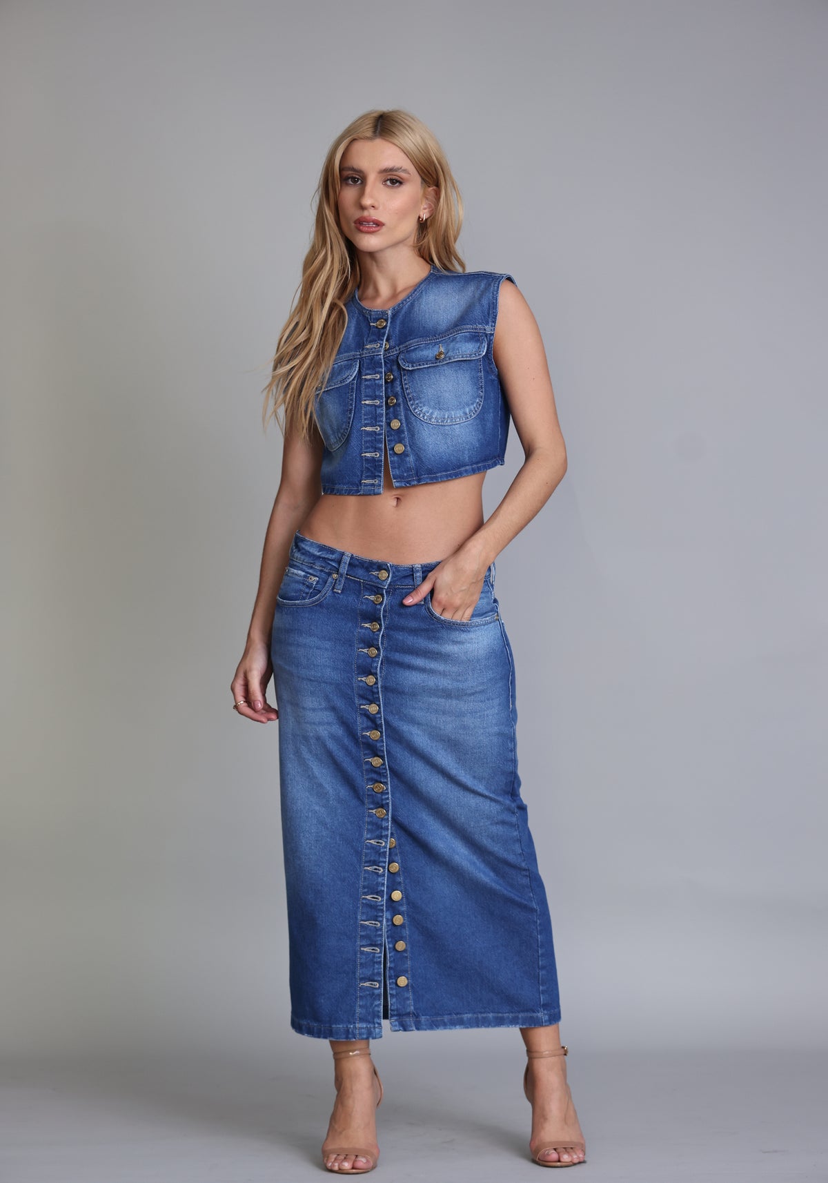 Camisa Cropped Botões Jeans