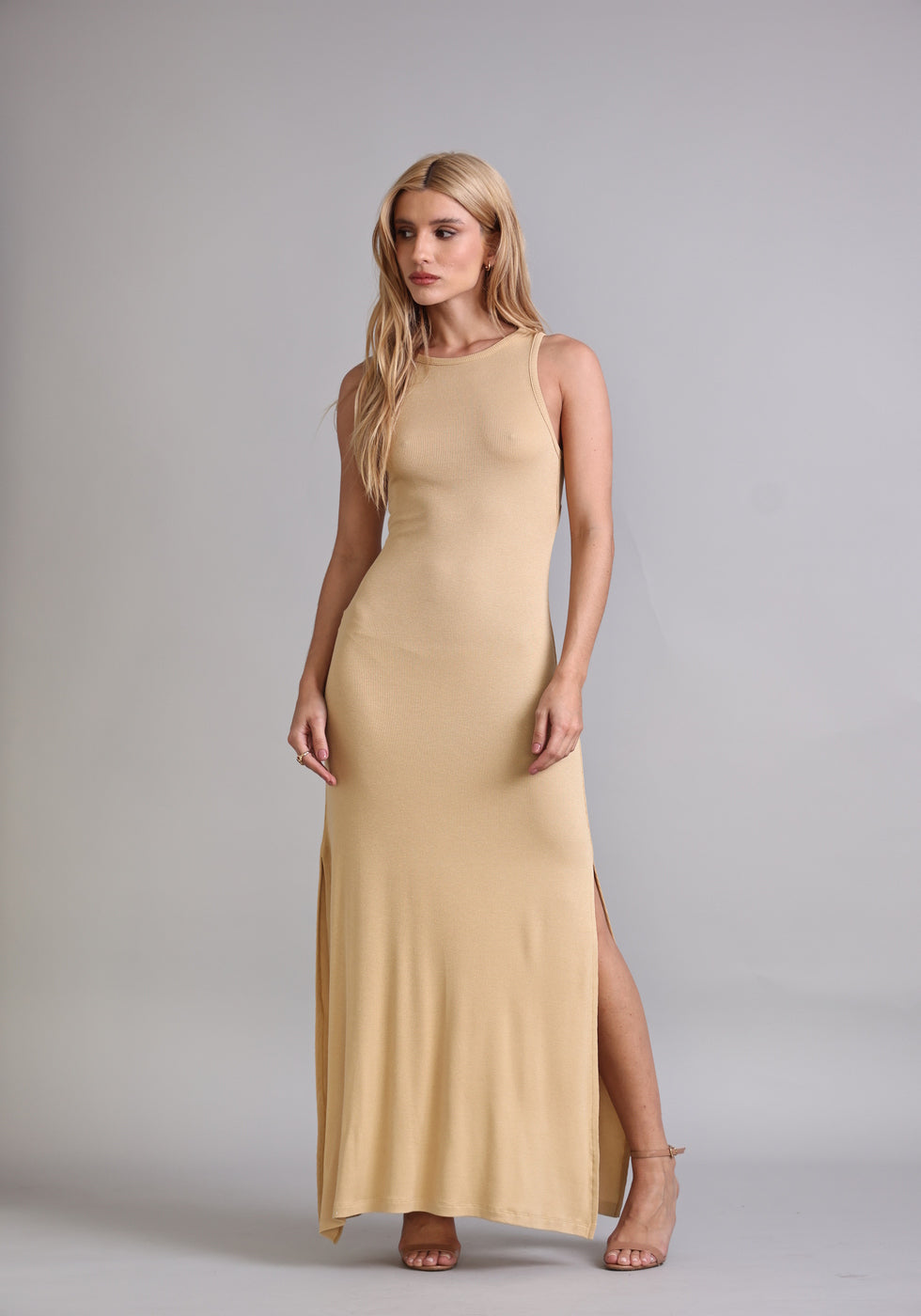 Vestido Midi Fendas Ribana Areia