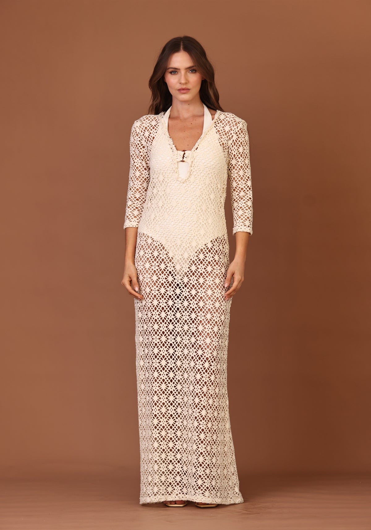 Vestido Longo Fivela Malha Off White