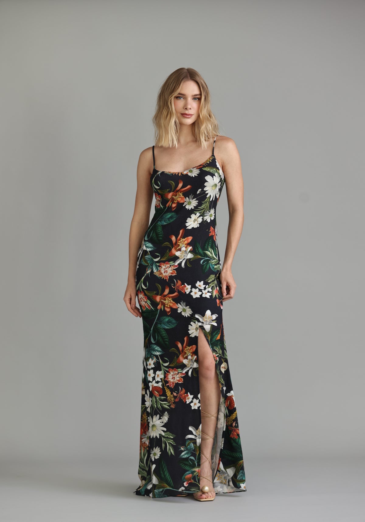 Vestido Fenda Longo Estampado Tropical Flower